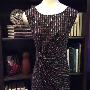 Black Print Dress with Waist Ruching XS